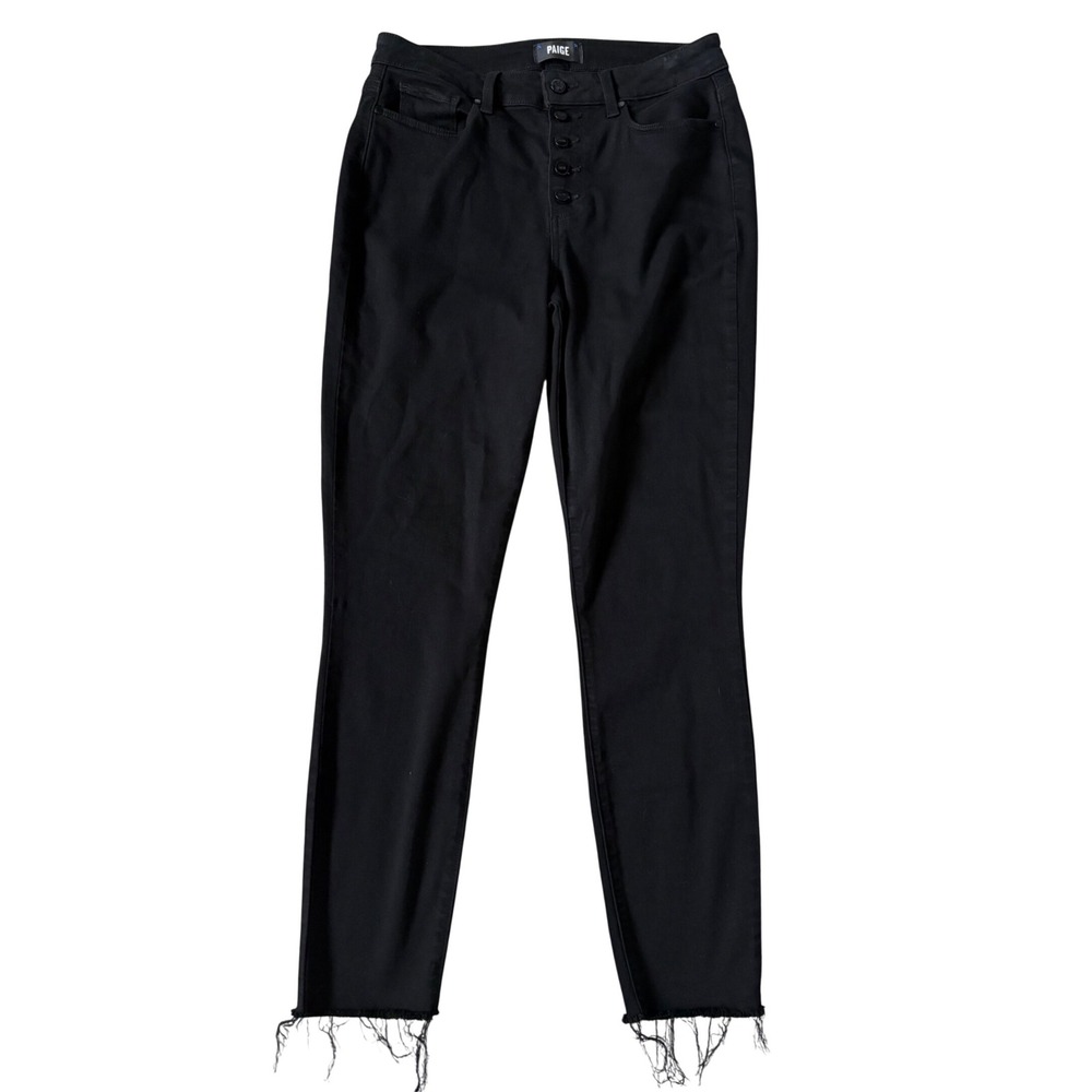 PAIGE Bombshell Grunge High Rise Skinny Jeans Black Button Fly Raw Hem Size 30